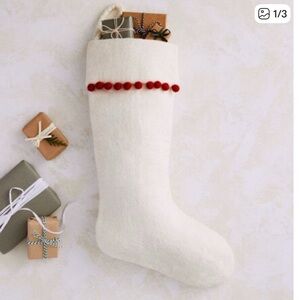 2 West Elm Cream Stockings with Red Pom-Poms